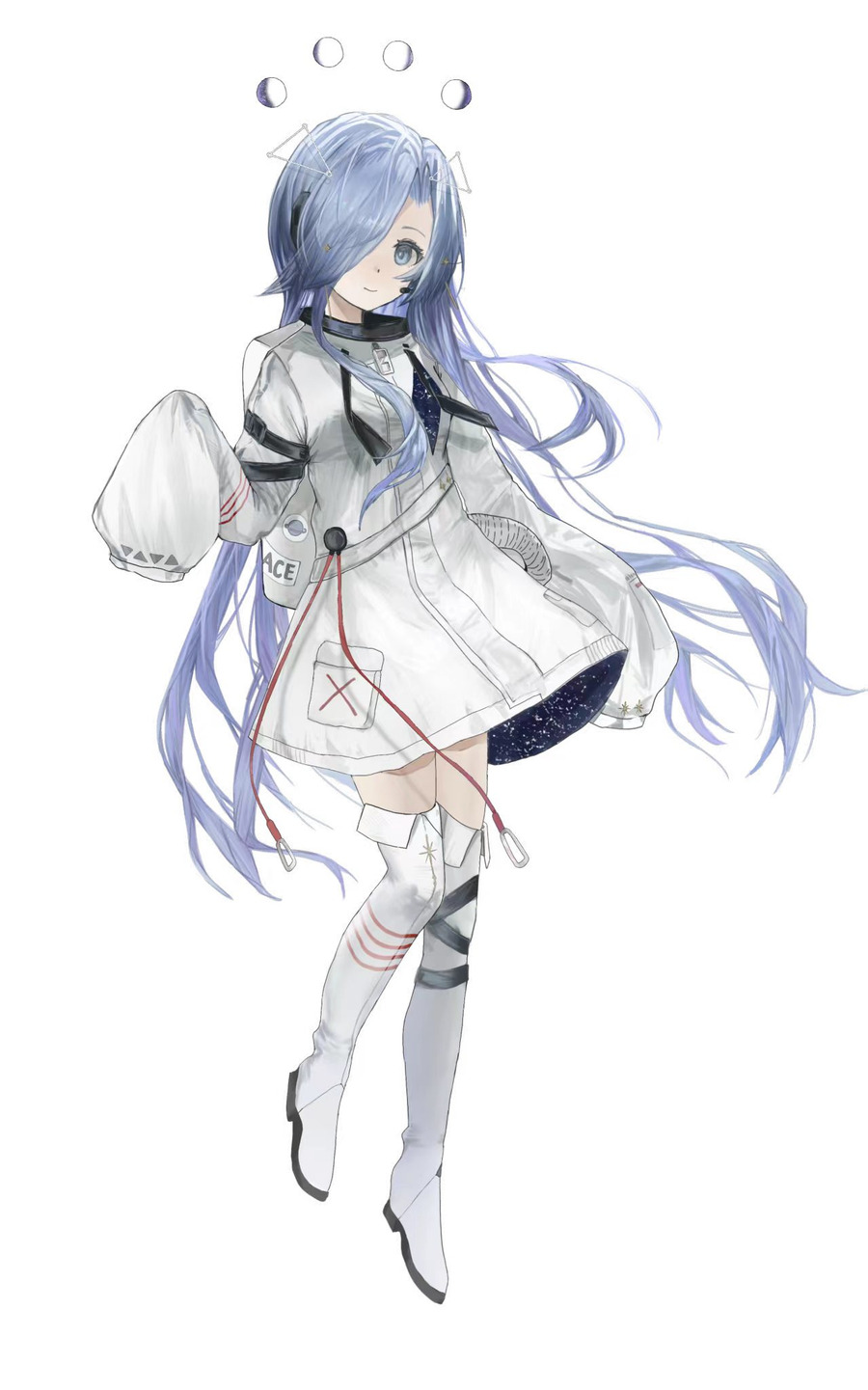 社娘「天宫月海」官方立绘：浅蓝色长发、头顶环绕四个月相，身着白色宇航服风格外套，裙摆内衬为深蓝星空
